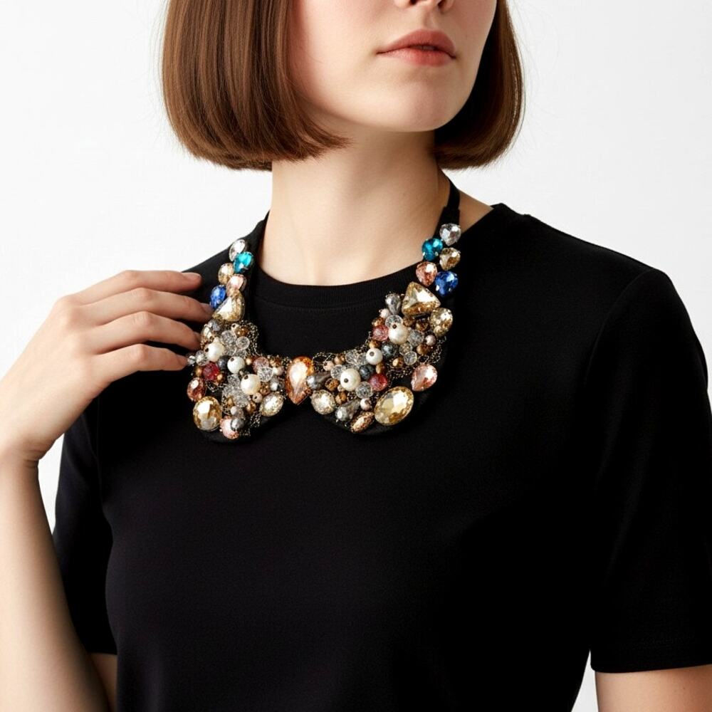 Embellished Beaded Collar Necklace Halter Bib Chunky Crystal Jewel